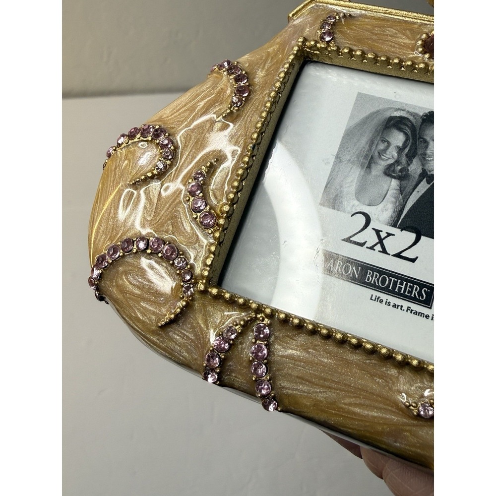 Aaron Brothers Small Picture Frame Purse Pearly Enamel Rhinestones 2x2 Photo New - Picture 5 of 6